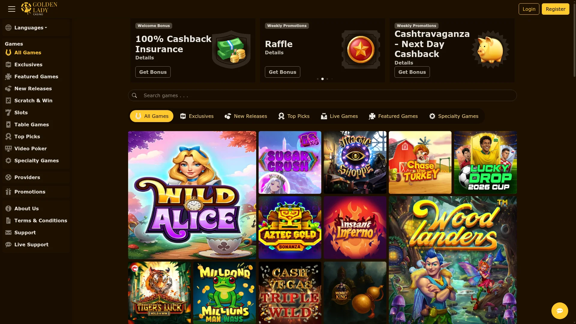 Golden Lady Casino desktop casino lobby with games and account options